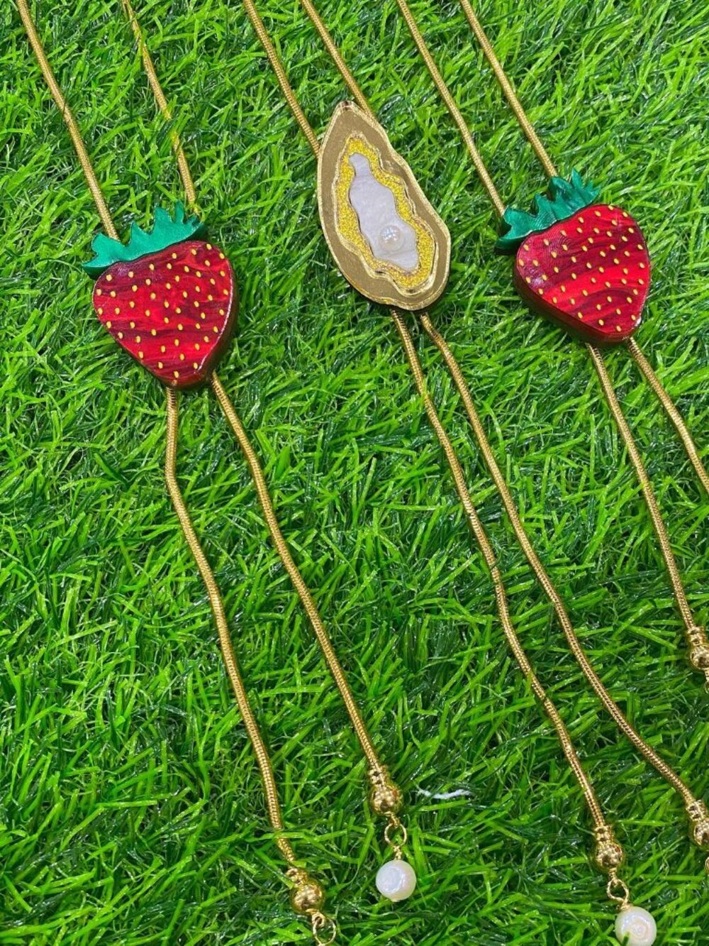 MackBecks Strawberry Bolo Tie Necklace w/ Pearl Tips